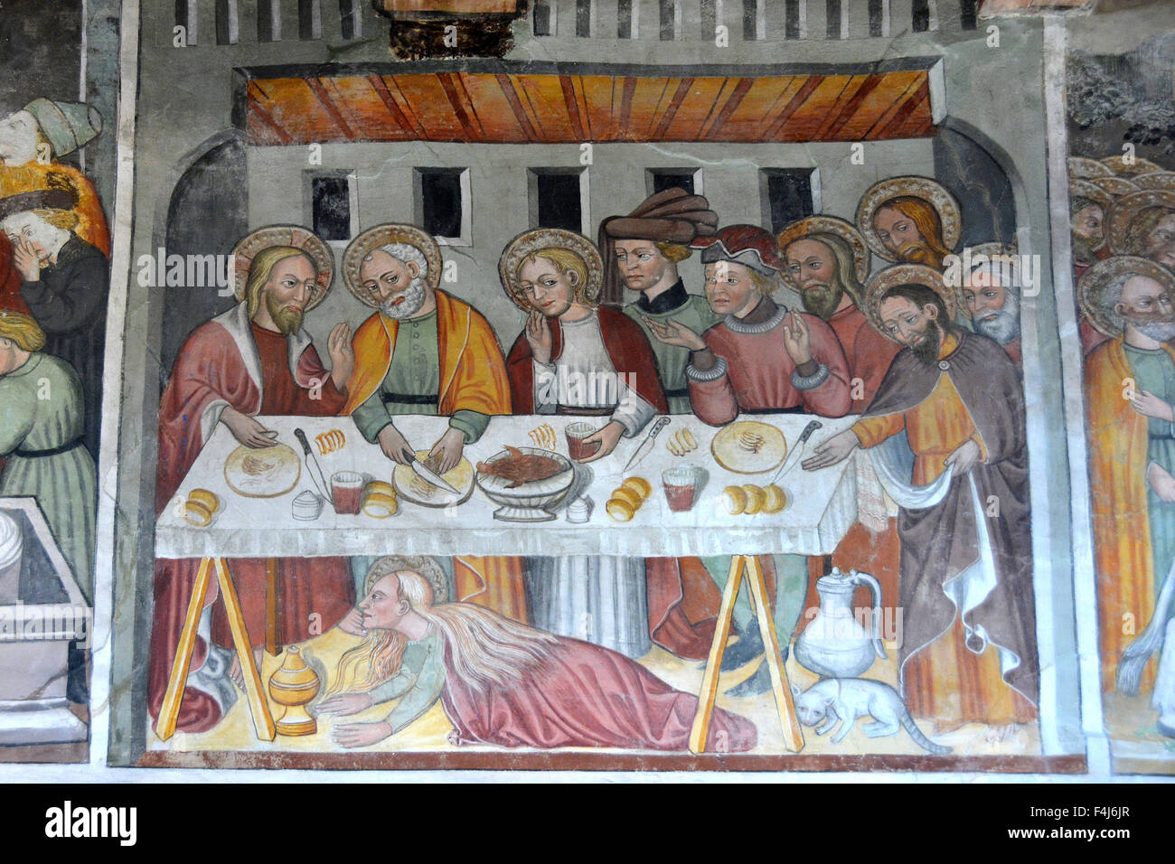 A 16th century painting depicting a meal at Lazarus's house, St. Antony's chapel in Bessans, Savoie, France, Europe Stock Photo