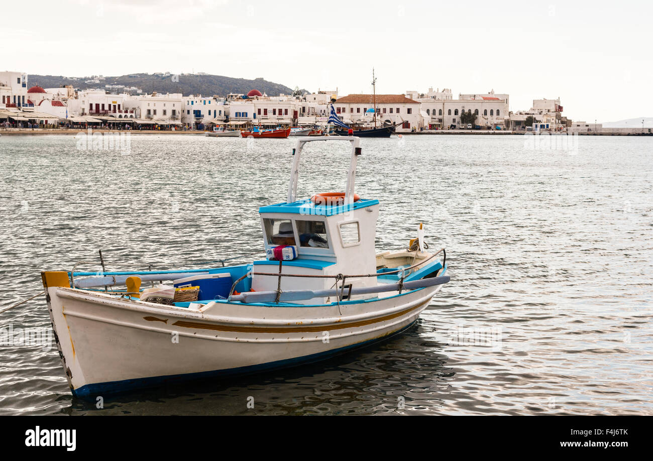fishing boat outside mykonos harbor, greece Stock Photo
