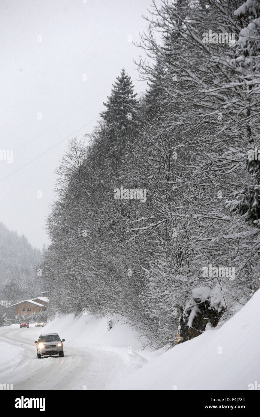 Road in the snow, Saint-Gervais les Bains, Haute-Savoie, French Alps, France, Europe Stock Photo