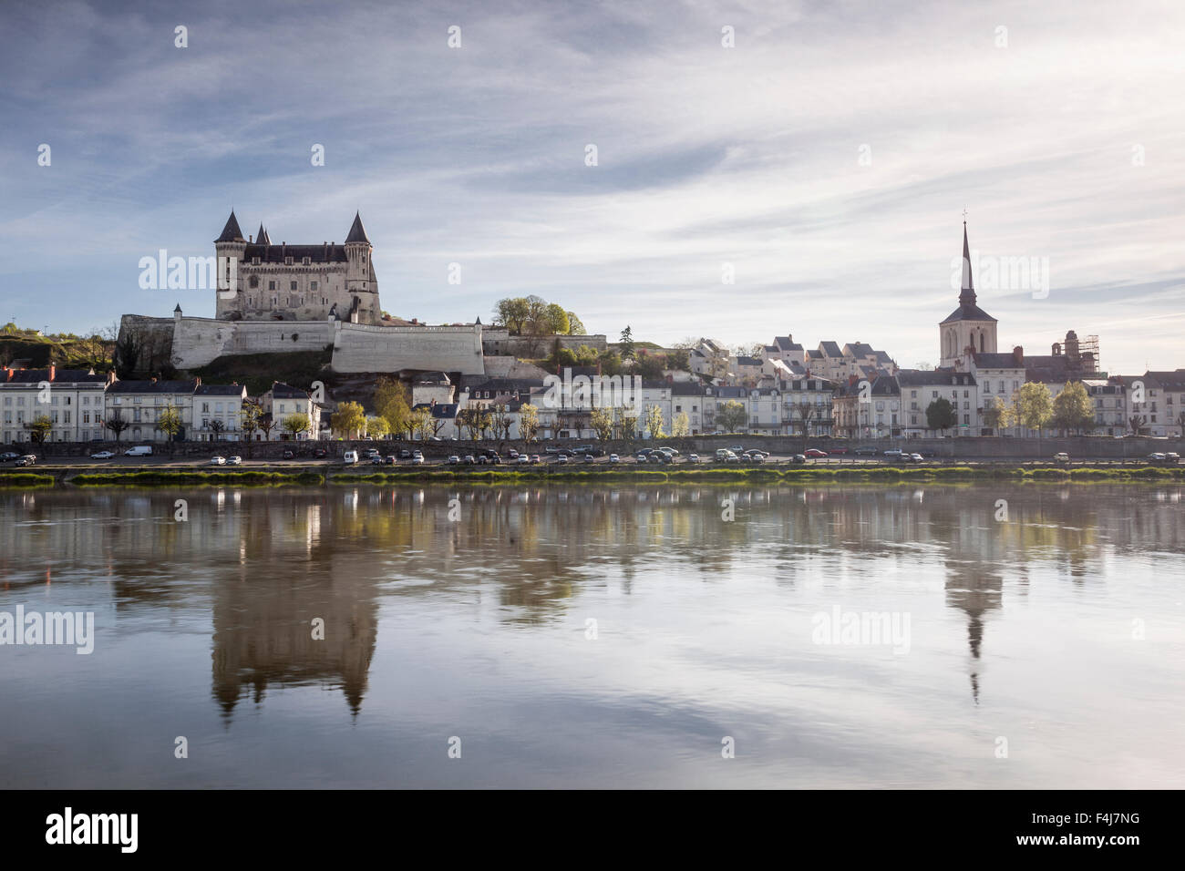 Looking across the River Loire towards the town of Saumur and its castle, Maine-et-Loire, France, Europe Stock Photo