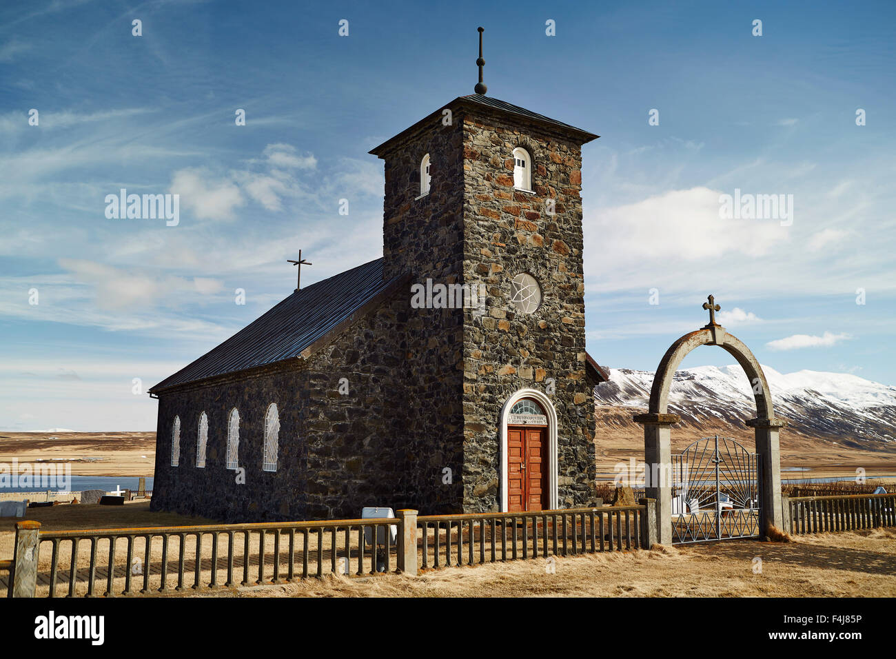 Thingeyrar church, an imposing and historic place of worship since the first settlements, Iceland, Polar Regions Stock Photo
