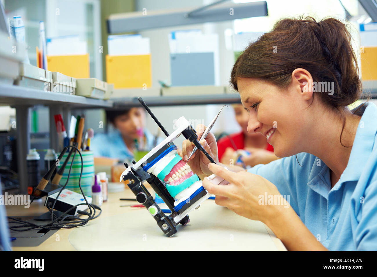 Dental technician working on upper jaw in articulator Stock Photo