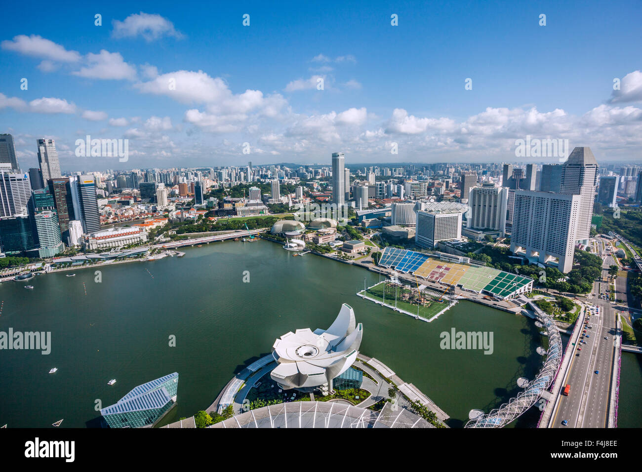 Singapore, panoramic view of Marina Bay and and the Marina Centre with Theatres on the bay and Marina Bay Seating Gallery Stock Photo