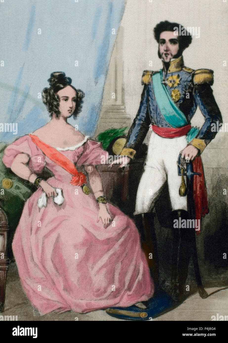 Maria I (1734-1816) Queen of Portugal, Brazil and Algarves. Peter III of Portugal (1717-1786). Engraving. 19th century. Colored. Stock Photo