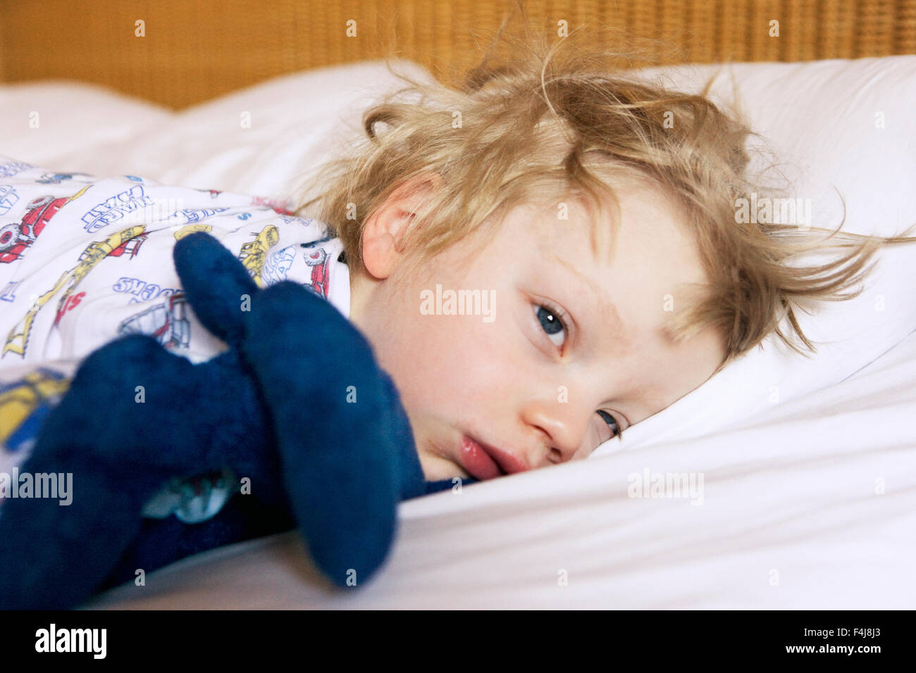 Newly awakened boy with his cuddly toy, Sweden. Stock Photo
