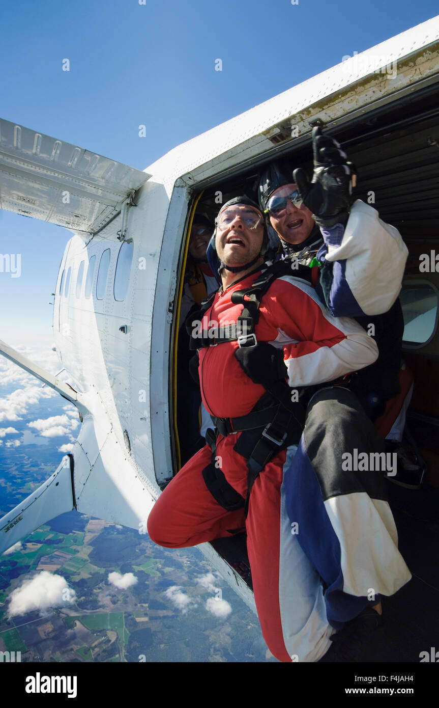 A terrified man about to make a parachute jump, Sweden Stock Photo Alamy