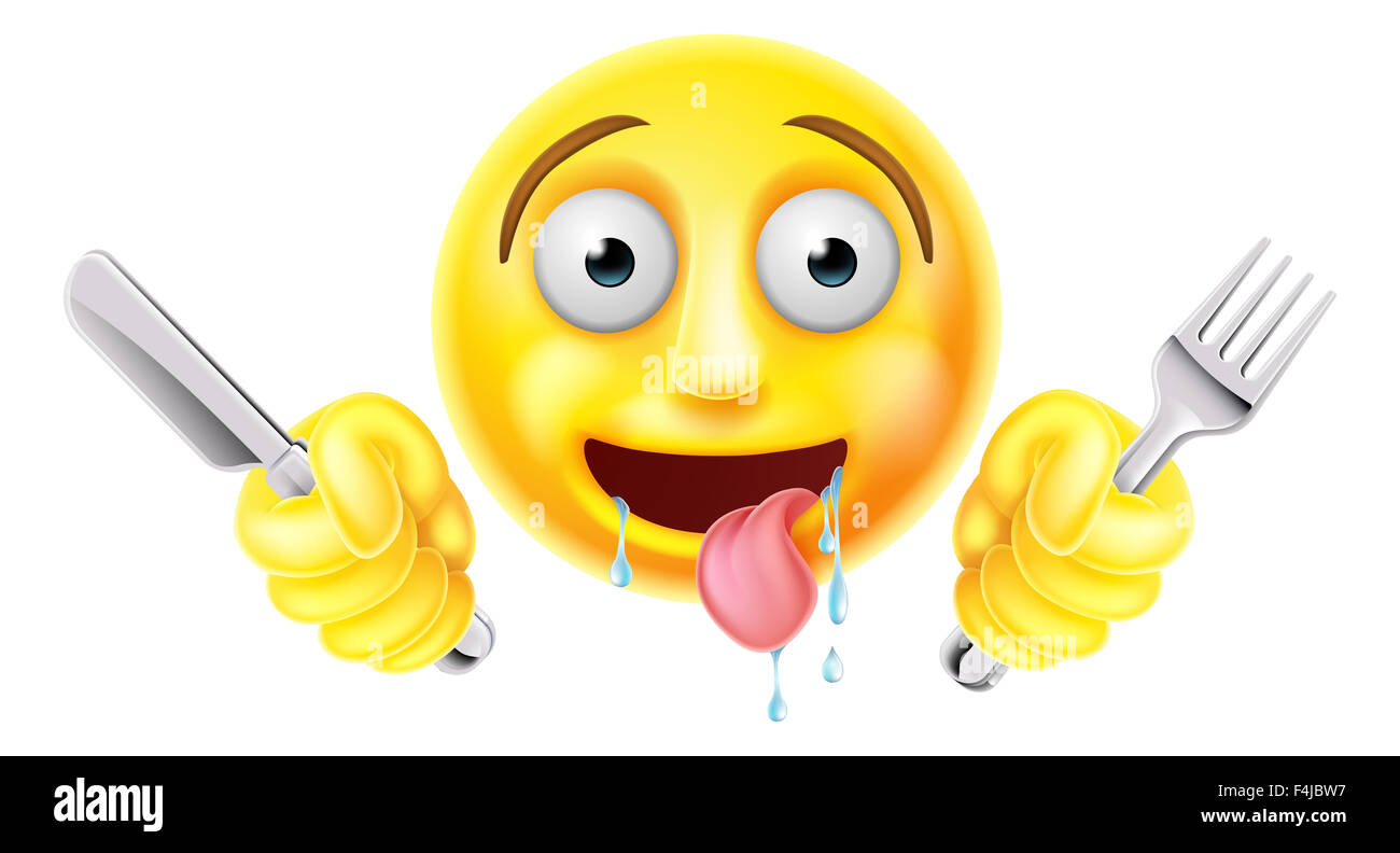 Very hungry starving emoticon emoji smiley face character drooling and holding a knife and fork Stock Photo