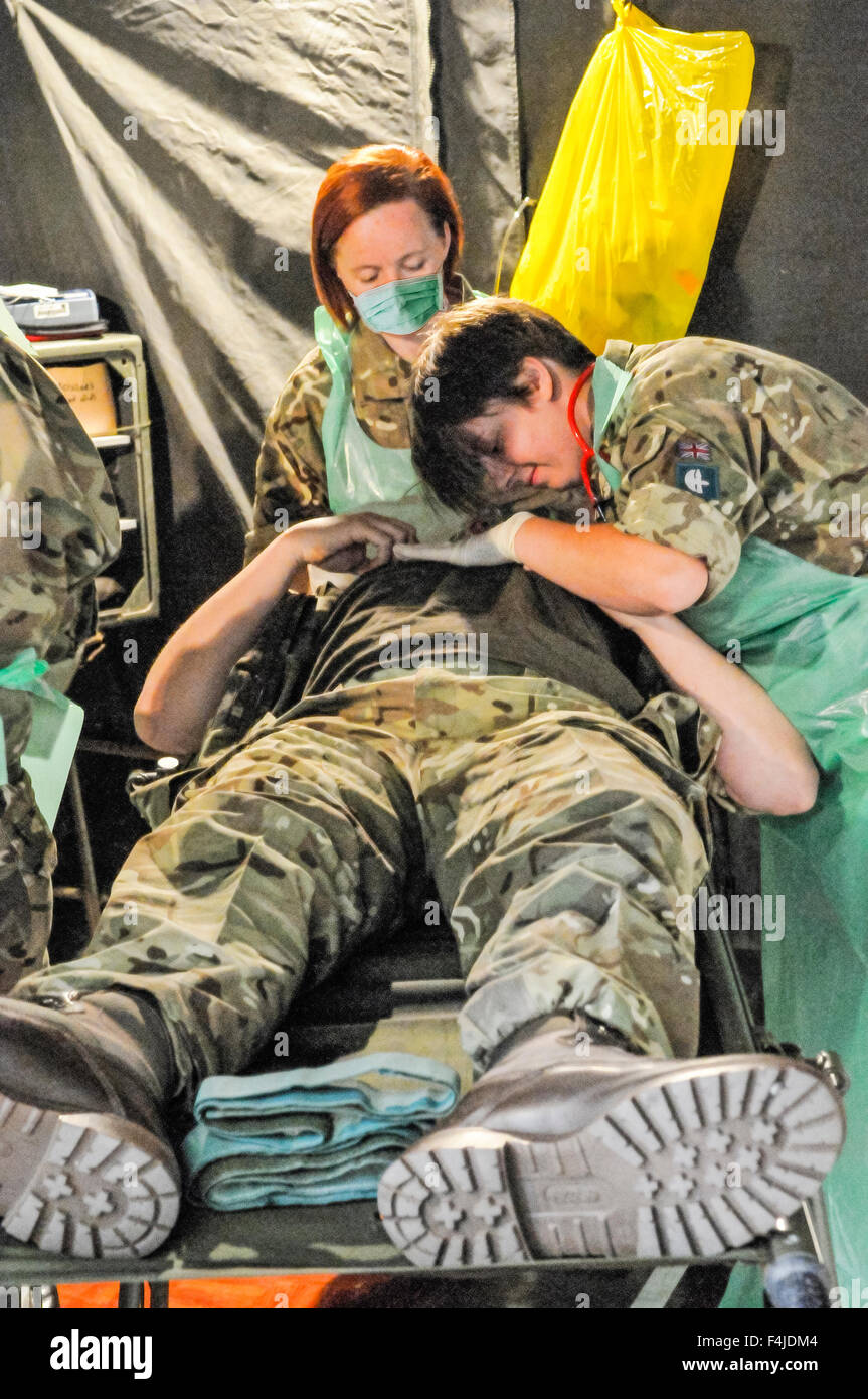 Nurses from the Royal Armoured Medical Corp (RAMC) attend a soldier who has been traumatised by an IED in a field hospital training exercise Stock Photo