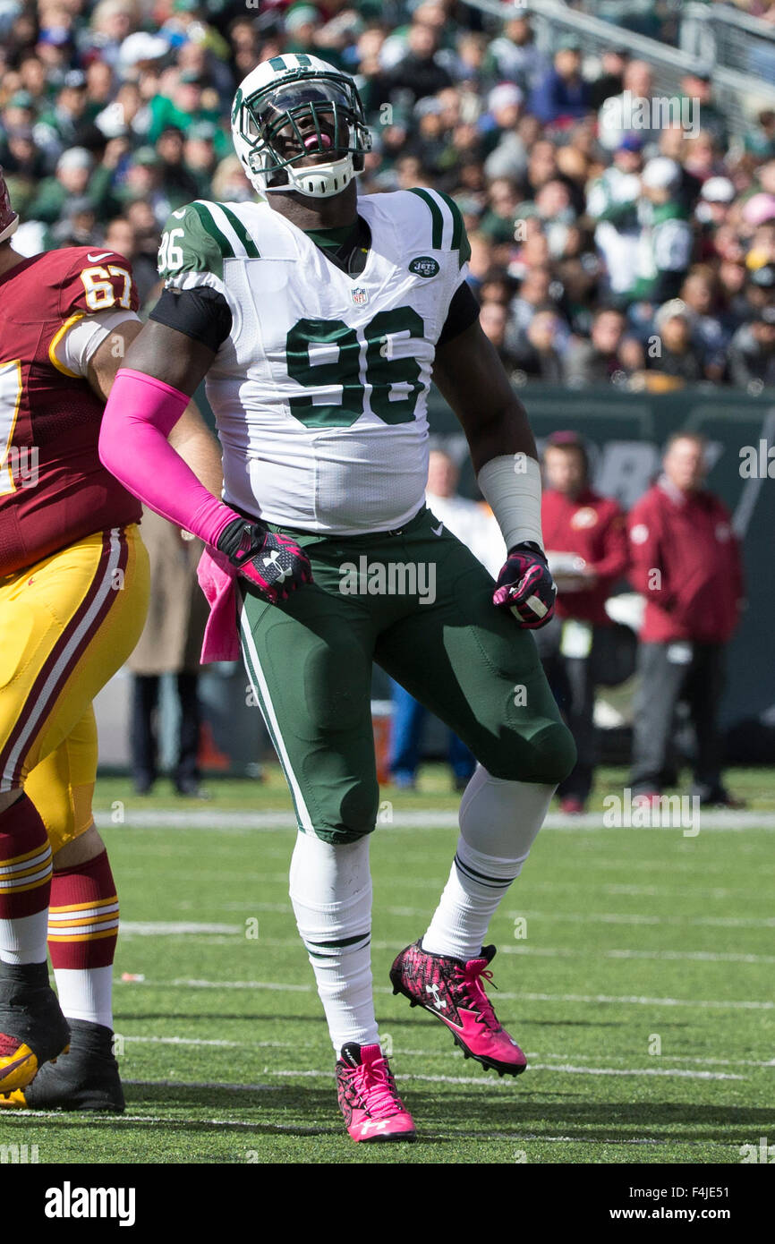 East Rutherford, New Jersey, USA. 18th Oct, 2015. New York Jets defensive end Muhammad Wilkerson (96) reacts during the NFL game between the Washington Redskins and the New York Jets at MetLife Stadium in East Rutherford, New Jersey. The New York Jets won 34-20. Christopher Szagola/CSM/Alamy Live News Stock Photo