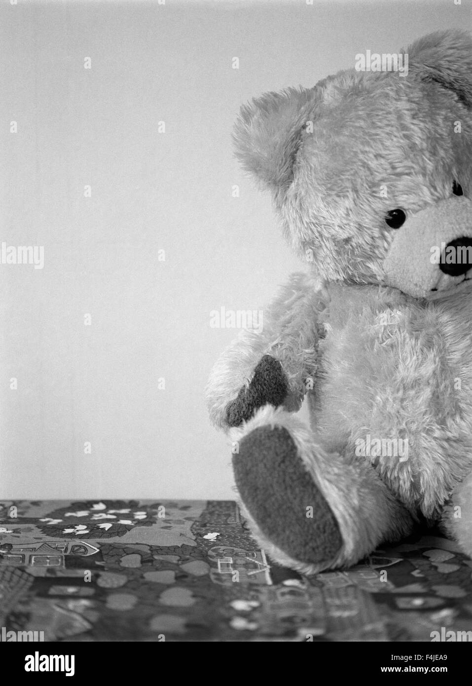 Teddy bear against wall, close-up Stock Photo