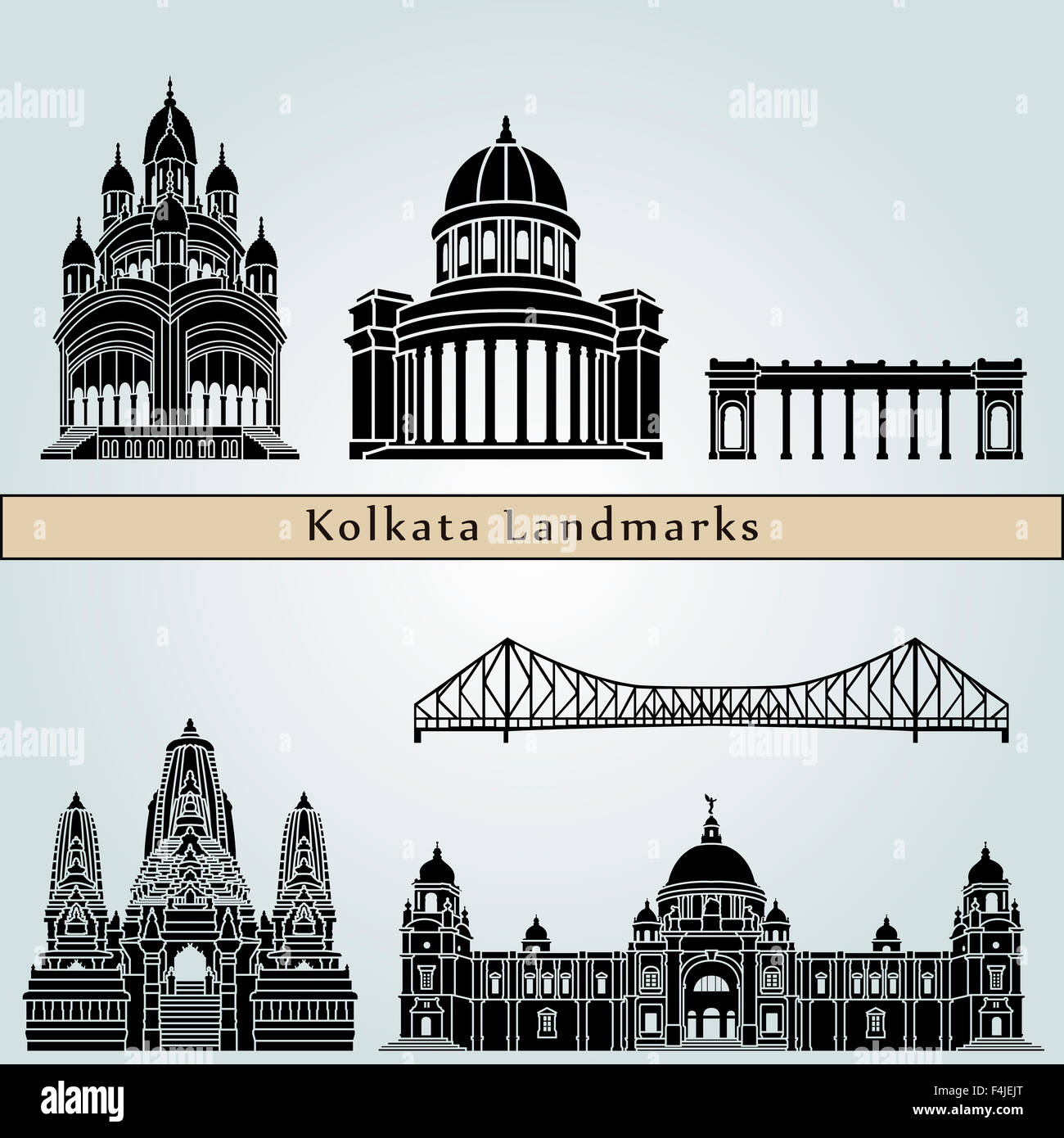 Kolkata landmarks and monuments isolated on blue background in editable vector file Stock Photo