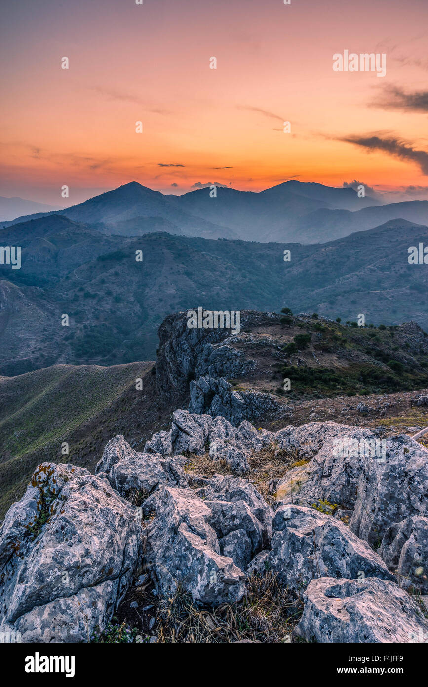 Italy Sicily Roccafiorita The spectacular scenery of the Peloritans in Sicily. The colors of the evening evoke the silence of nature. Stock Photo