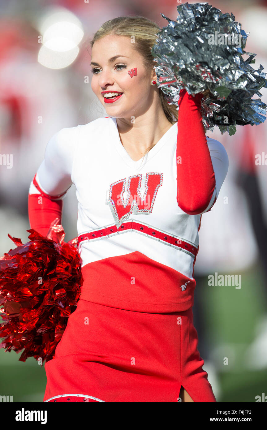Madison, WI, USA. 17th Oct, 2015. A Wisconsin cheerleader entertains the crowd during during the NCAA Football game between the Purdue Boilermakers and the Wisconsin Badgers at Camp Randall Stadium in Madison, WI. John Fisher/CSM/Alamy Live News Stock Photo