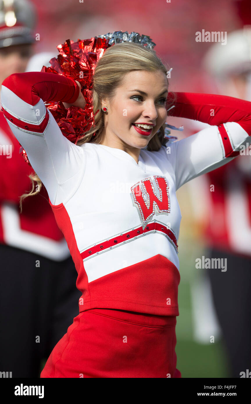 Madison, WI, USA. 17th Oct, 2015. A Wisconsin cheerleader entertains the crowd during the NCAA Football game between the Purdue Boilermakers and the Wisconsin Badgers at Camp Randall Stadium in Madison, WI. John Fisher/CSM/Alamy Live News Stock Photo