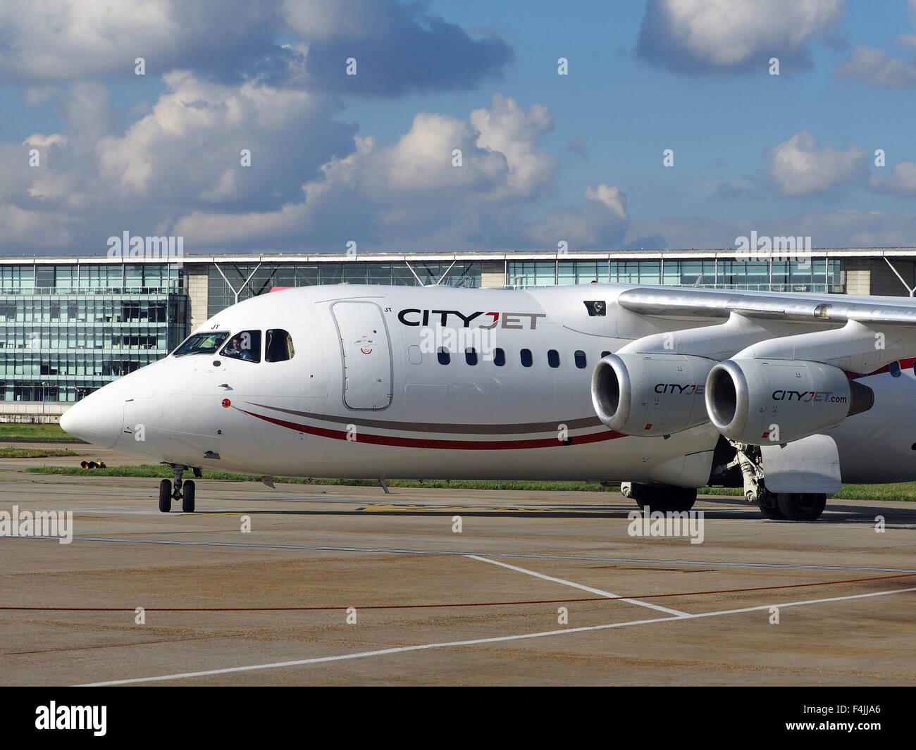 CityJet plane at London City Airport, Britain, UK Stock Photo