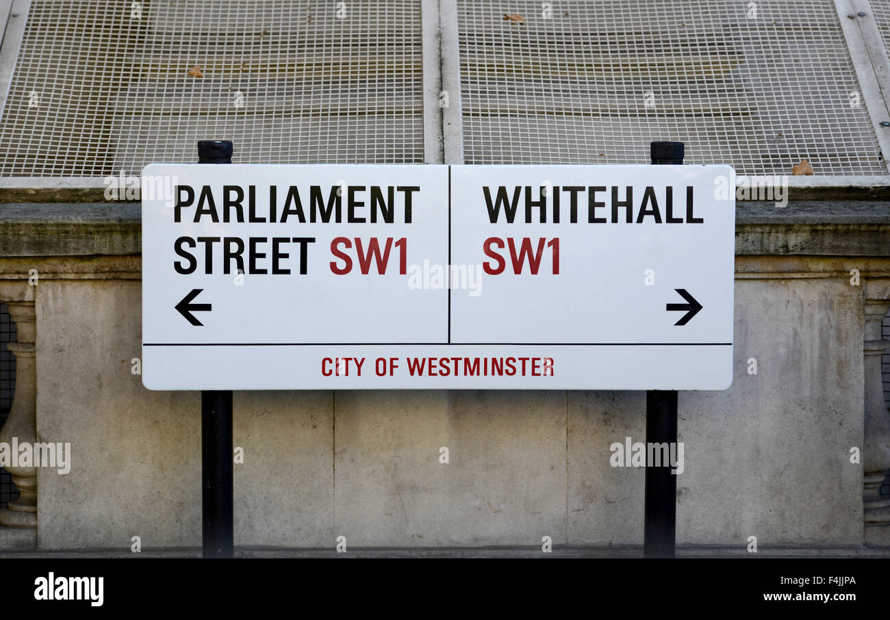 Parliament and Whitehall sign, London, Westminster, Britain, UK Stock Photo