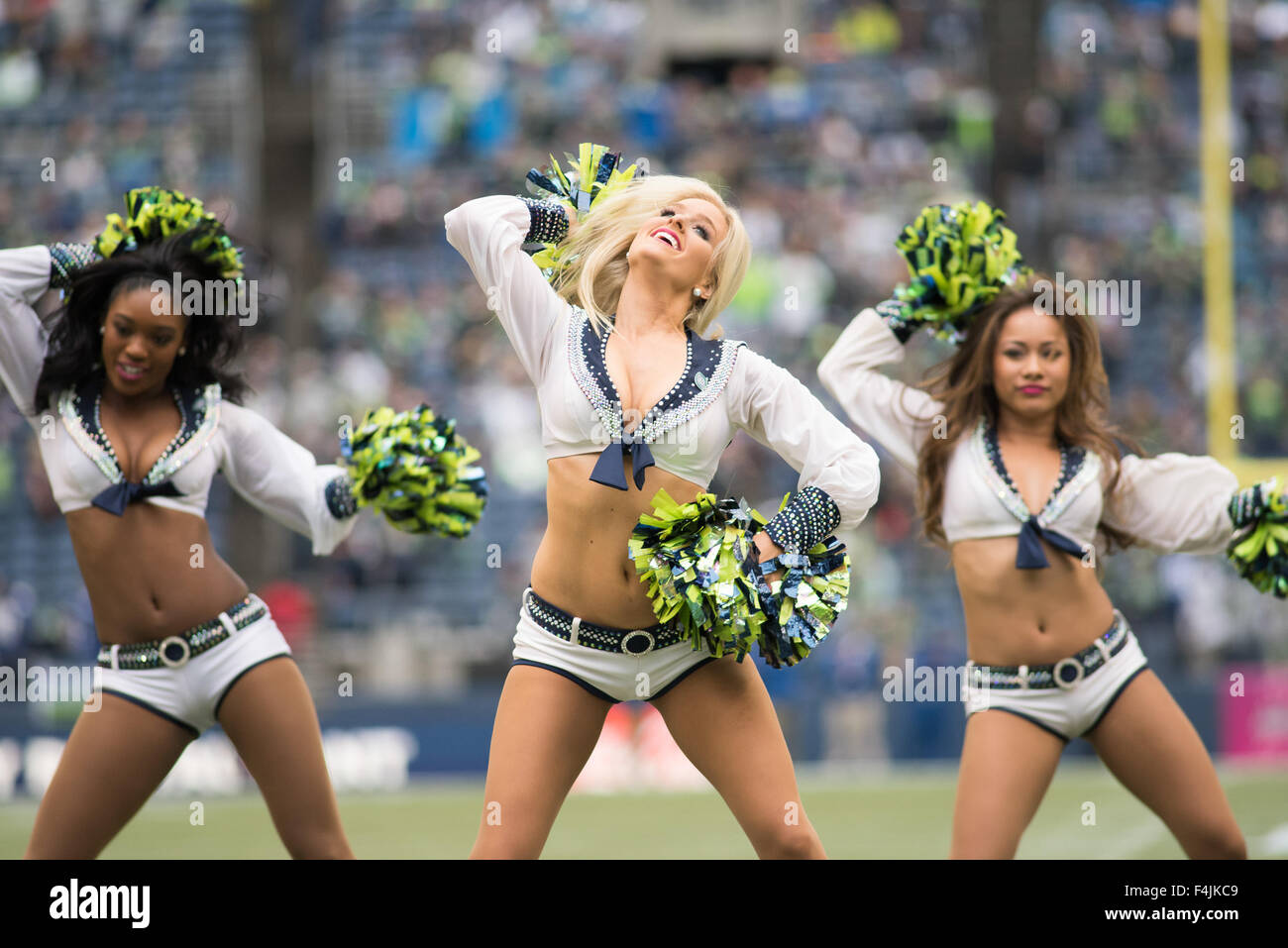 October 18, 2015: Seattle Seahawks Sea Gasl performing during NFL action between the Carolina Panthers and the Seattle Seahawks at CenturyLink Field in Seattle, Washington. The Seattle Seahawks fall to the Carolina Panthers 27 to 23. Joseph Weiser/CSM Stock Photo
