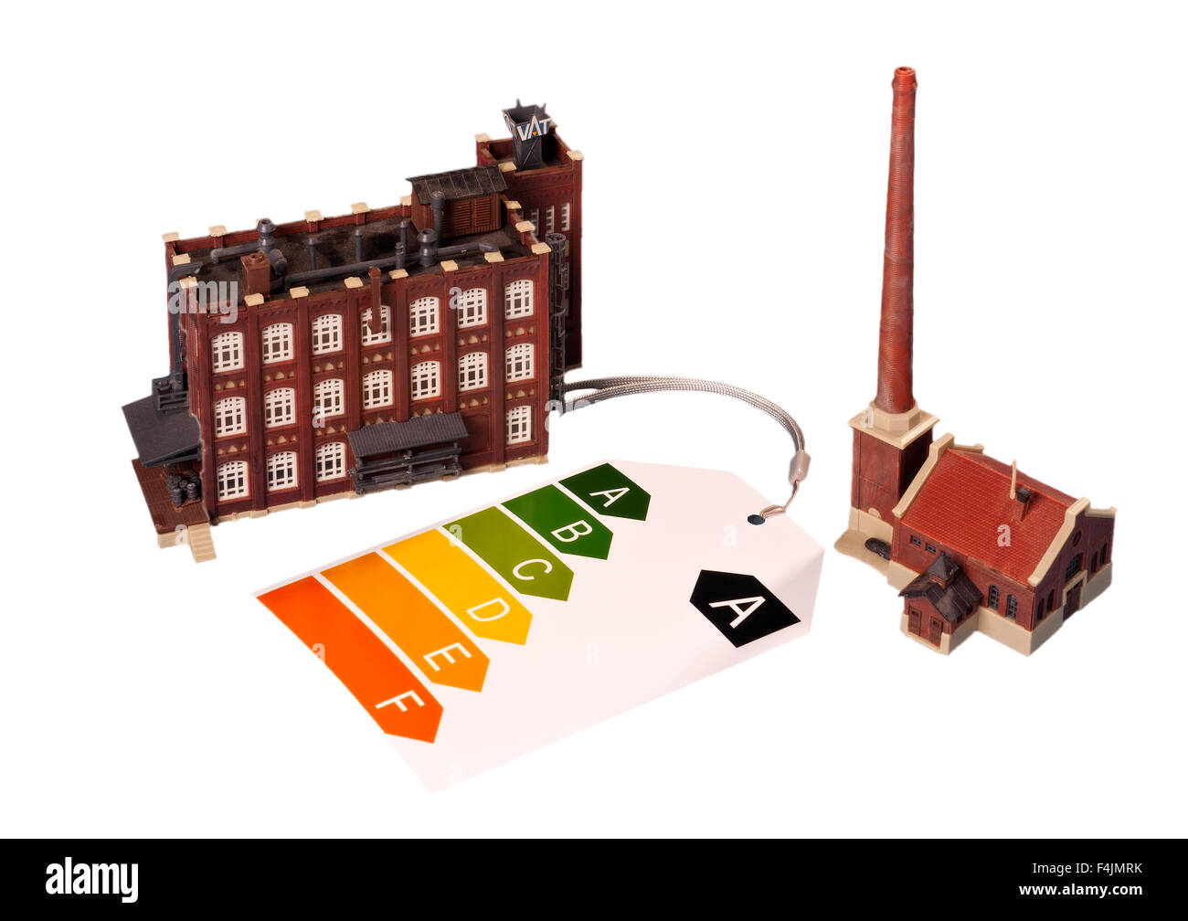 Energy label and factory building Stock Photo