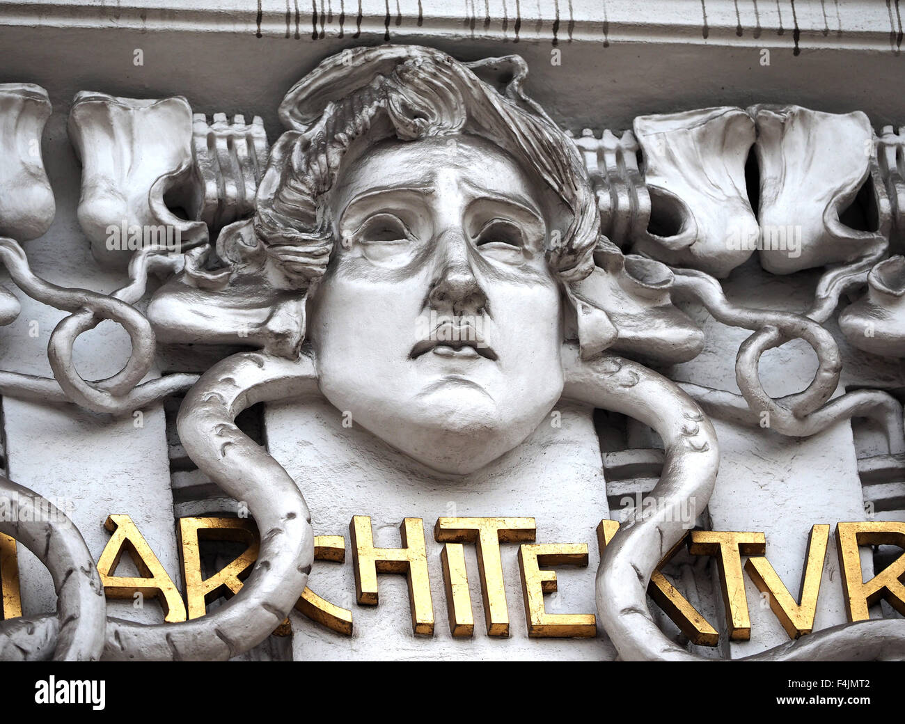 The Secession Building, Vienna, Austria. Close up of one of the Gorgon heads. Stock Photo