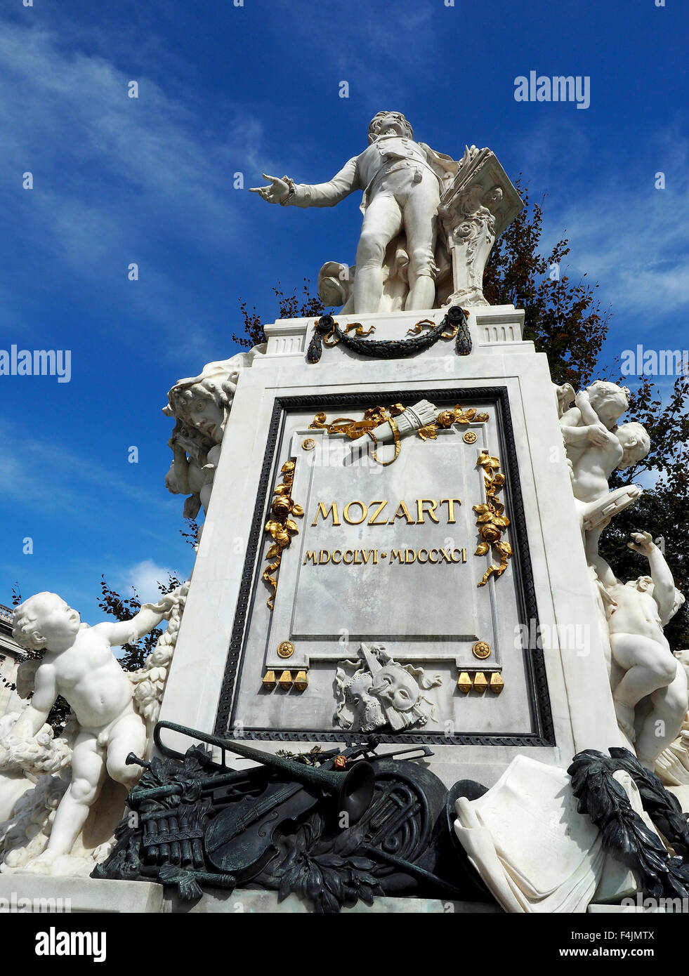 Monument of Mozart in the Burggarten or Imperial Palace Gardens in central Vienna, Austria. Stock Photo