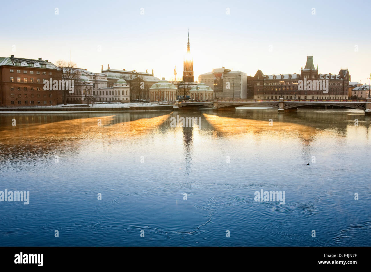 Sweden, Stockholm, view of Riddarholmskyrkan District over canal Stock Photo