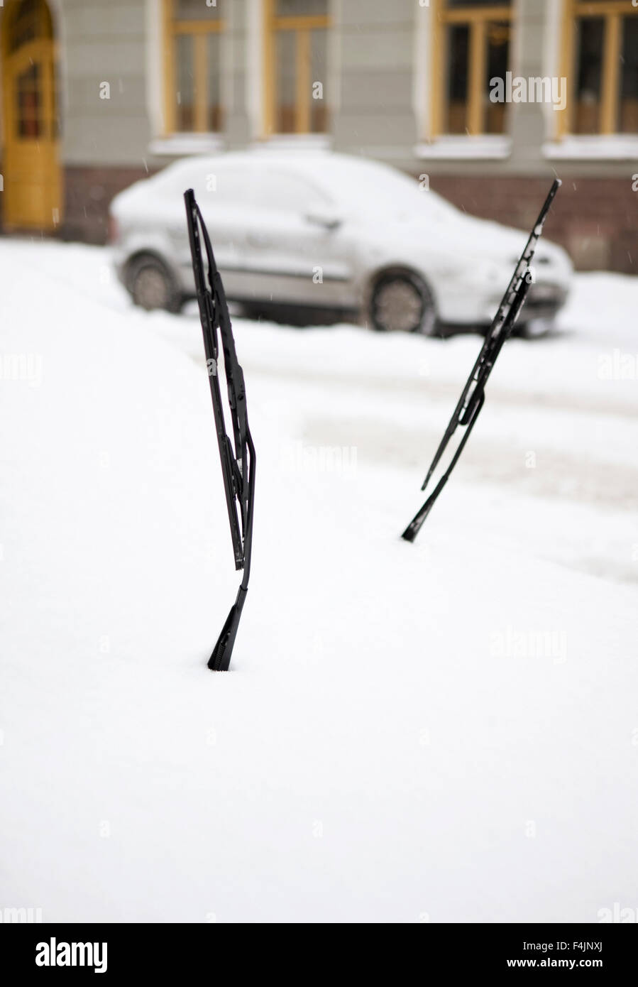 Sweden, Stockholm, windschield wipers sticking out from snow Stock Photo