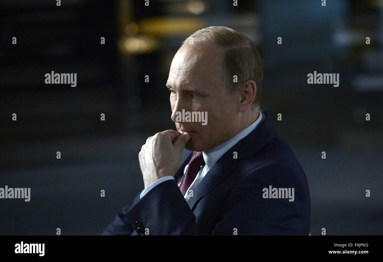 Russian President Vladimir Putin during a during a television interview with Rossiya 1 TV anchor Vladimir Solovyov October 10, 2015 in Moscow, Russia. Stock Photo