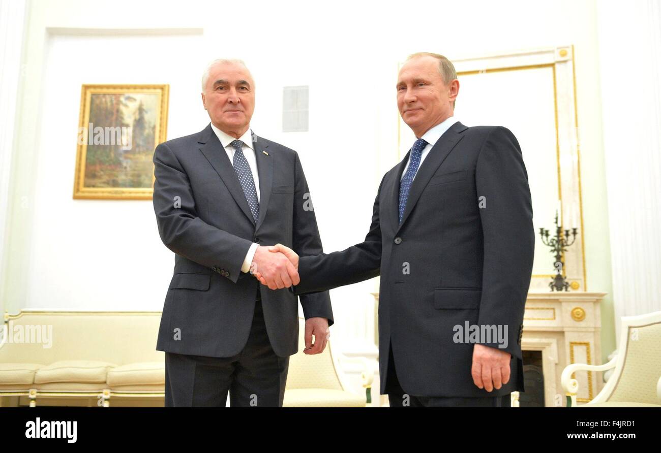 Russian President Vladimir Putin meets with President of the Republic of South Ossetia Leonid Tibilov at the Kremlin June 1, 2015 in Moscow, Russia. Stock Photo