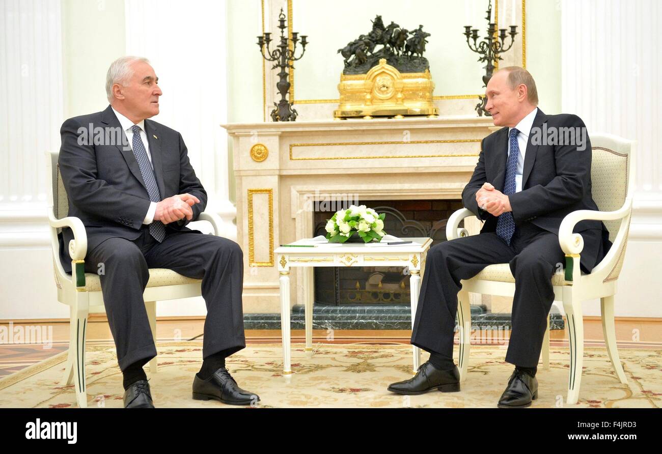 Russian President Vladimir Putin meets with President of the Republic of South Ossetia Leonid Tibilov at the Kremlin June 1, 2015 in Moscow, Russia. Stock Photo