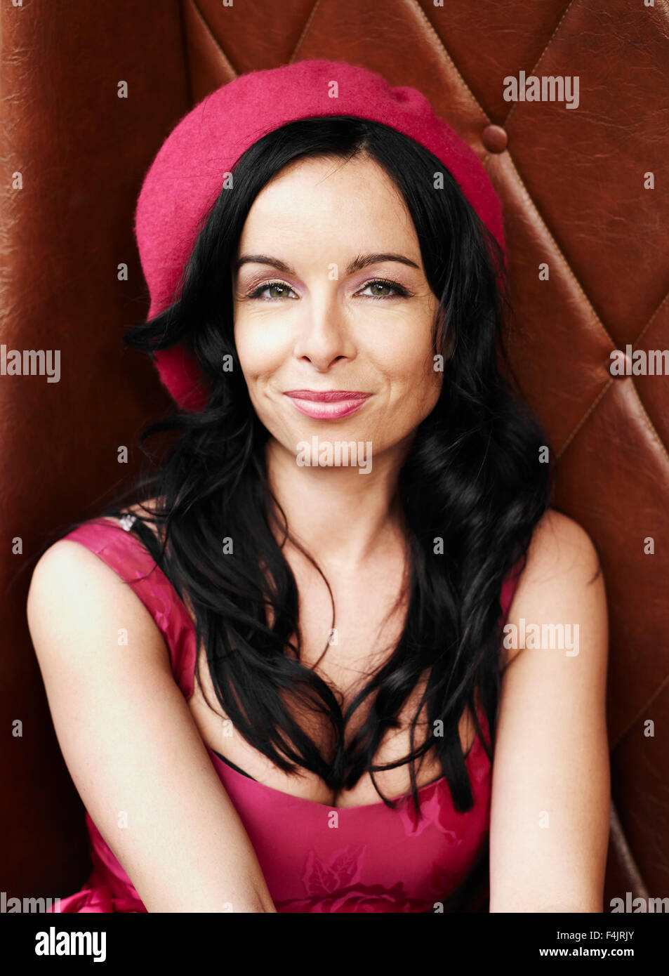 Portrait of woman wearing pink beret Stock Photo Alamy
