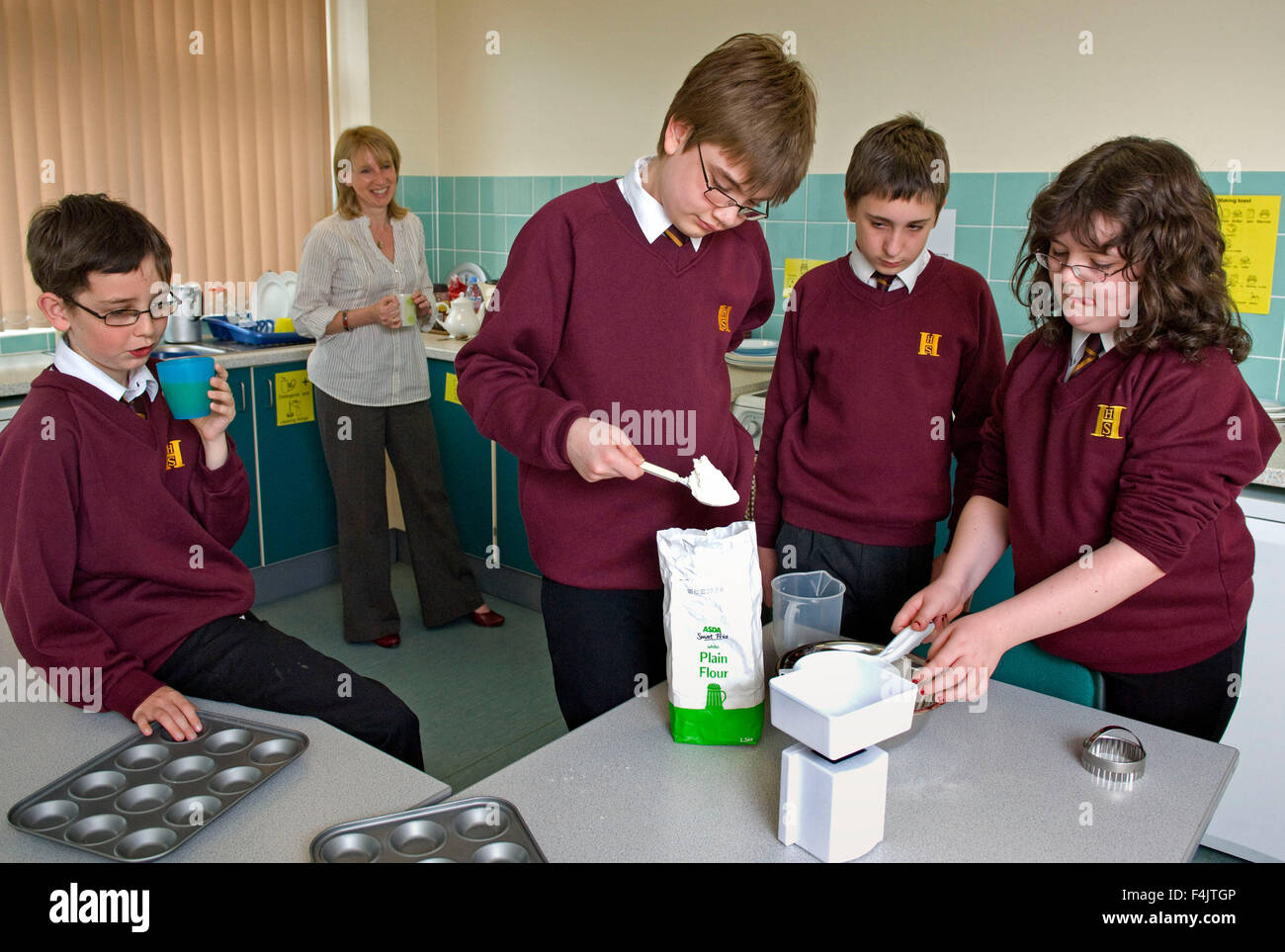 Hanham High School,Bristol,UK with The Resource Base coordinator Annette Box with her autistic pupils. Stock Photo