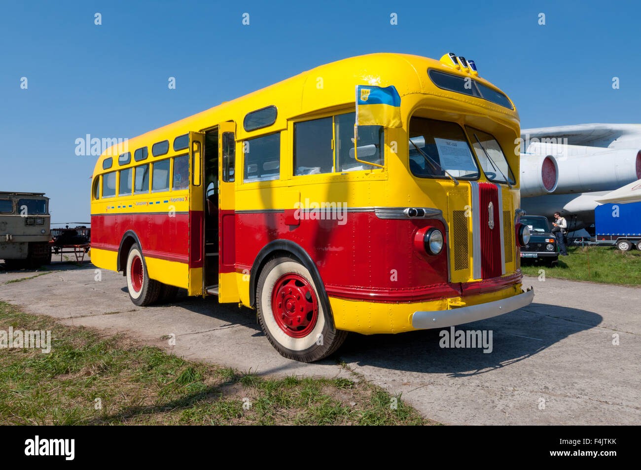 Old fashioned vintage city bus ZIS -155 (made in 1947) is on display at the festival 'Old Car Fest 2015' Stock Photo
