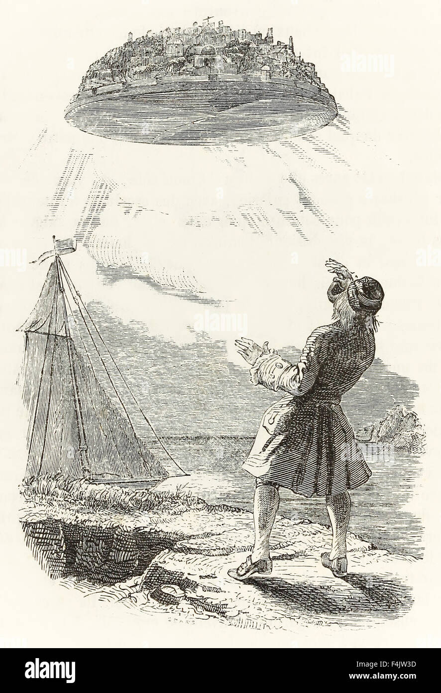 Gulliver sees the flying island Laputa for the first time, from 'Gulliver's Travels' by Jonathan Swift (1667-1745), illustration by J.J. Grandville (1803-1847). See description for more information. Stock Photo