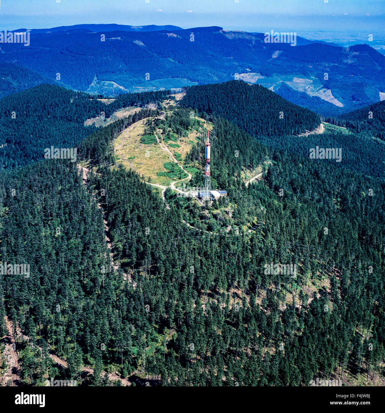 Aerial view of Mount Donon and pass, Vosges mountains, Bas-Rhin, Alsace, France Stock Photo