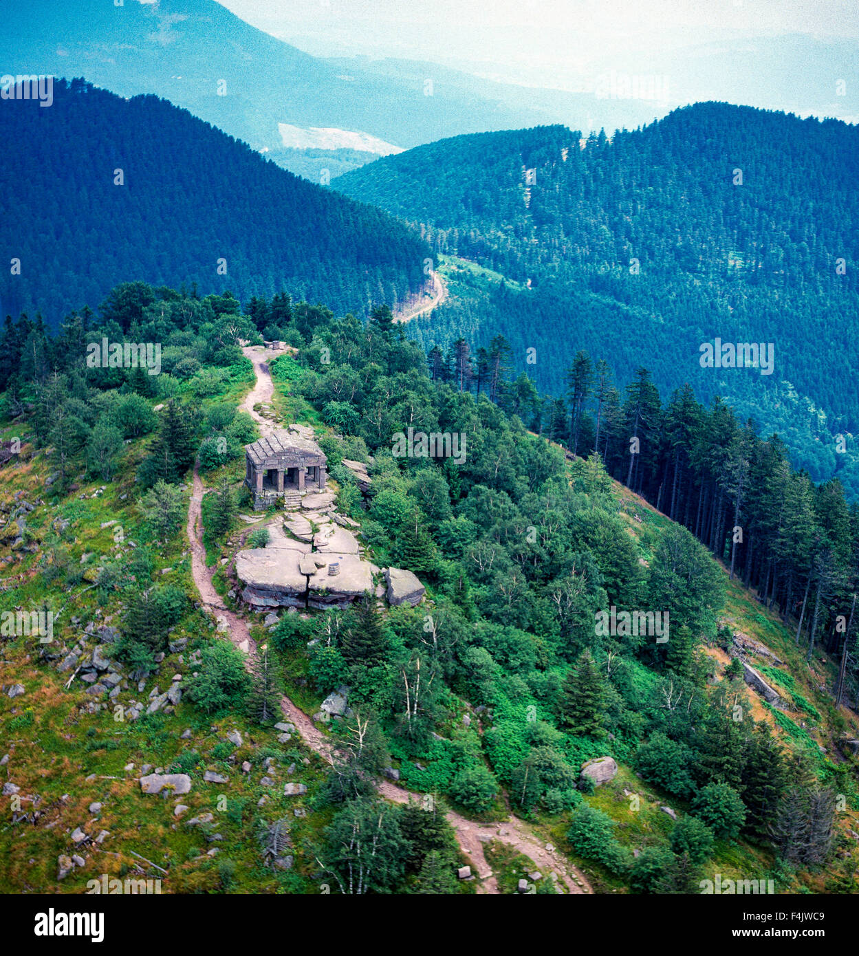 Aerial view of temple atop Mount Donon, Vosges mountains, Bas-Rhin, Alsace, France, Europe Stock Photo