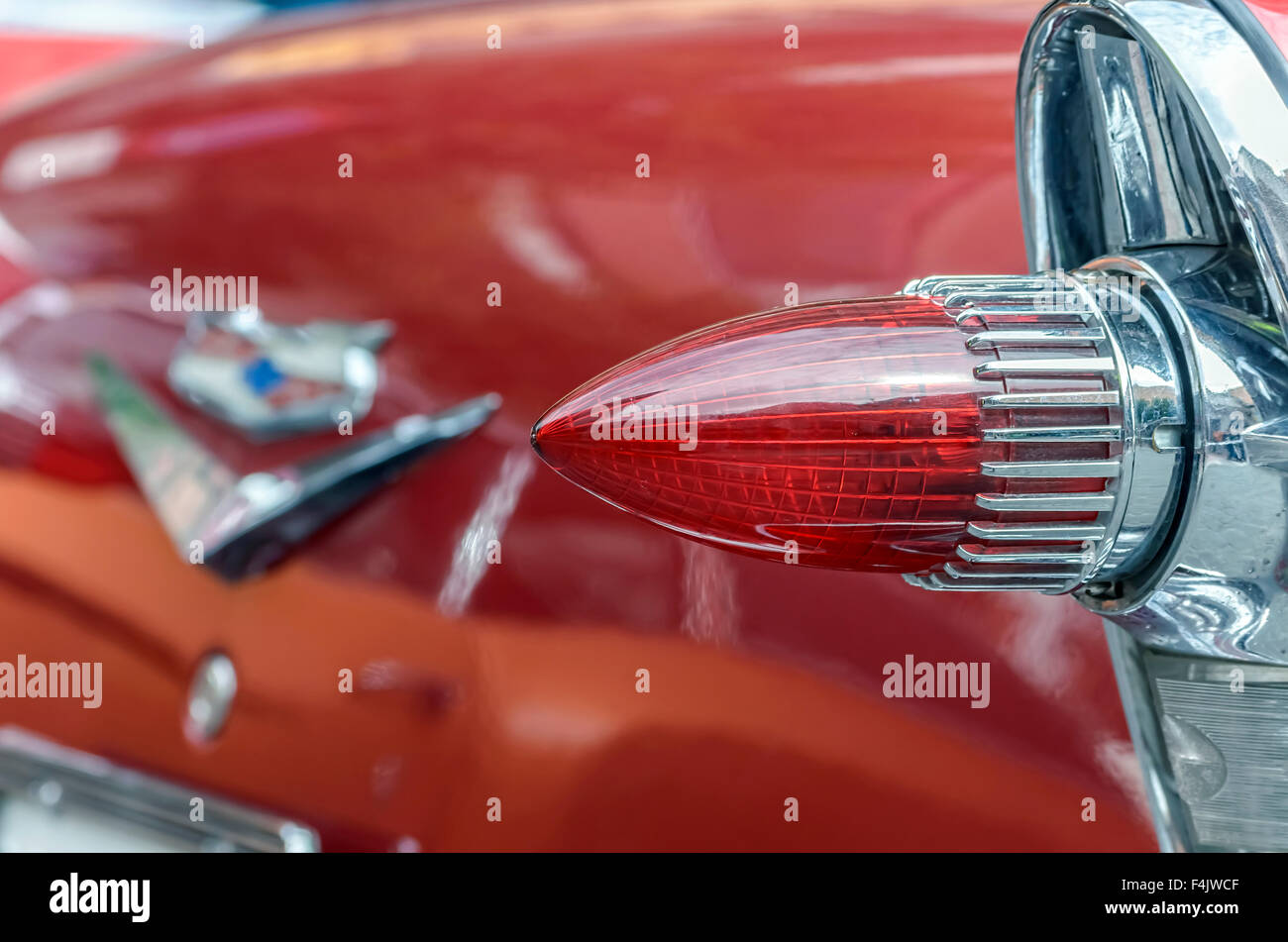 Meeting of classic american cars. Rear headlight of Chevrolet Bel Air, of 1957. Stock Photo