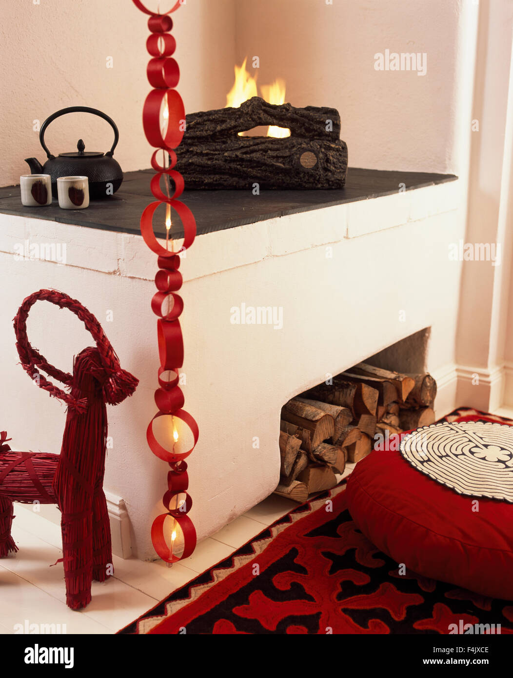 Christmas decorations and fireplace Stock Photo