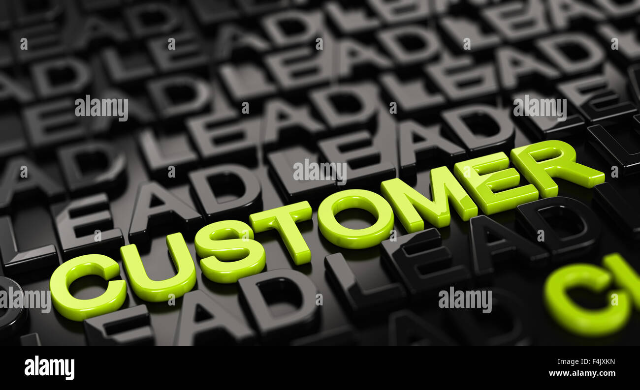 Focus on the word customer with lead words surrounding it around over black background. 3D concept illustration of leads to sale Stock Photo