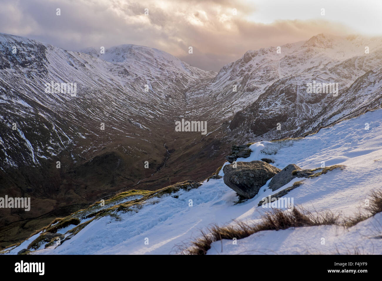 Grizedale in the Lake District on a late Winter afternoon from the Helvellyn path Stock Photo