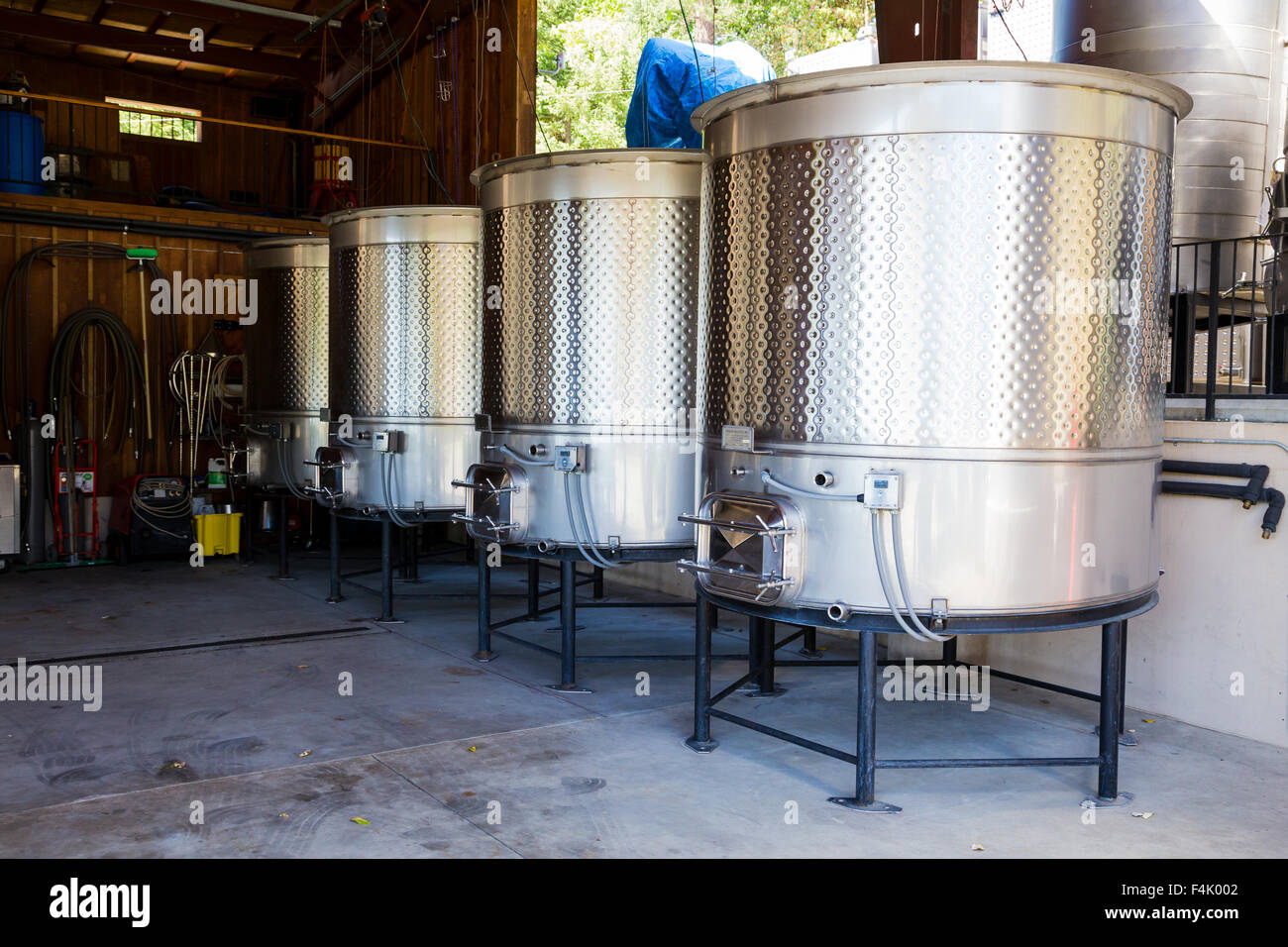 Stainless steel wine tanks at the Wooldridge Creek Vineyard & Winery located in Southern Oregon. Stock Photo