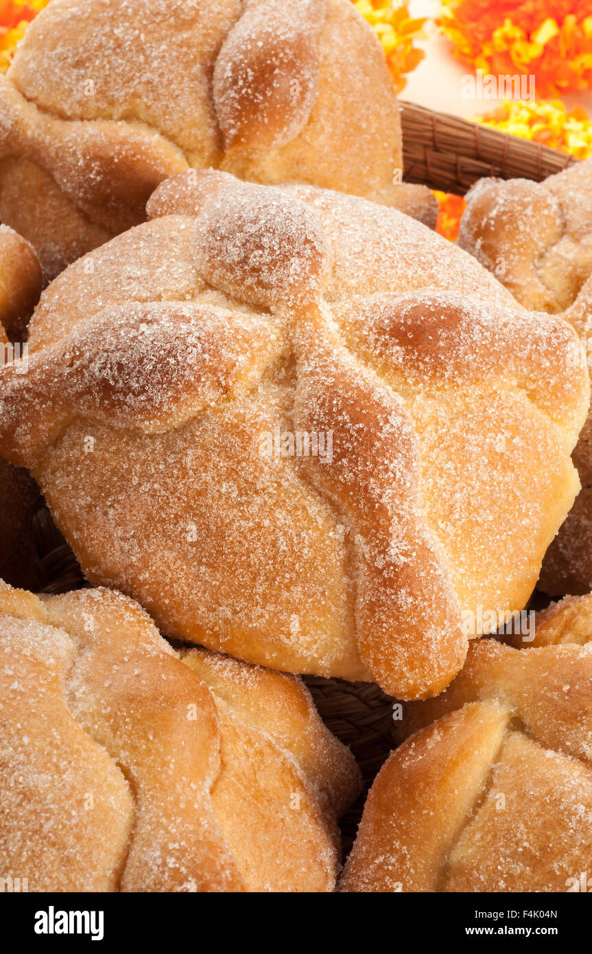Sweet bread called Bread of the Dead (Pan de Muerto) enjoyed during Day of the Dead festivities in Mexico. Stock Photo