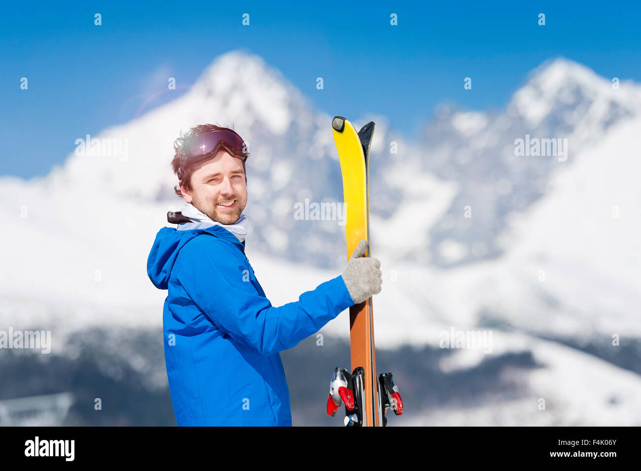Young couple skiing Stock Photo