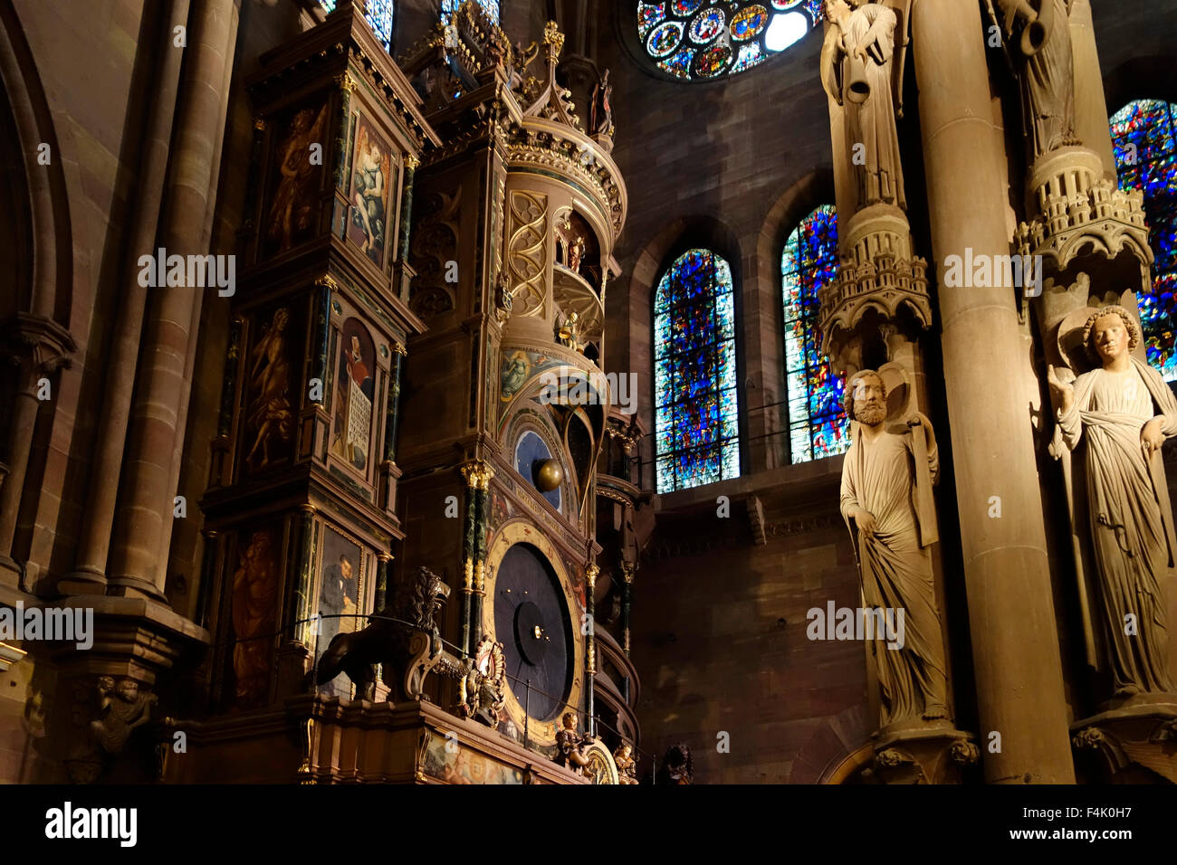 Astronomical clock and pillar of angels in the Cathedral of Our Lady of Strasbourg / Cathédrale Notre-Dame de Strasbourg, France Stock Photo