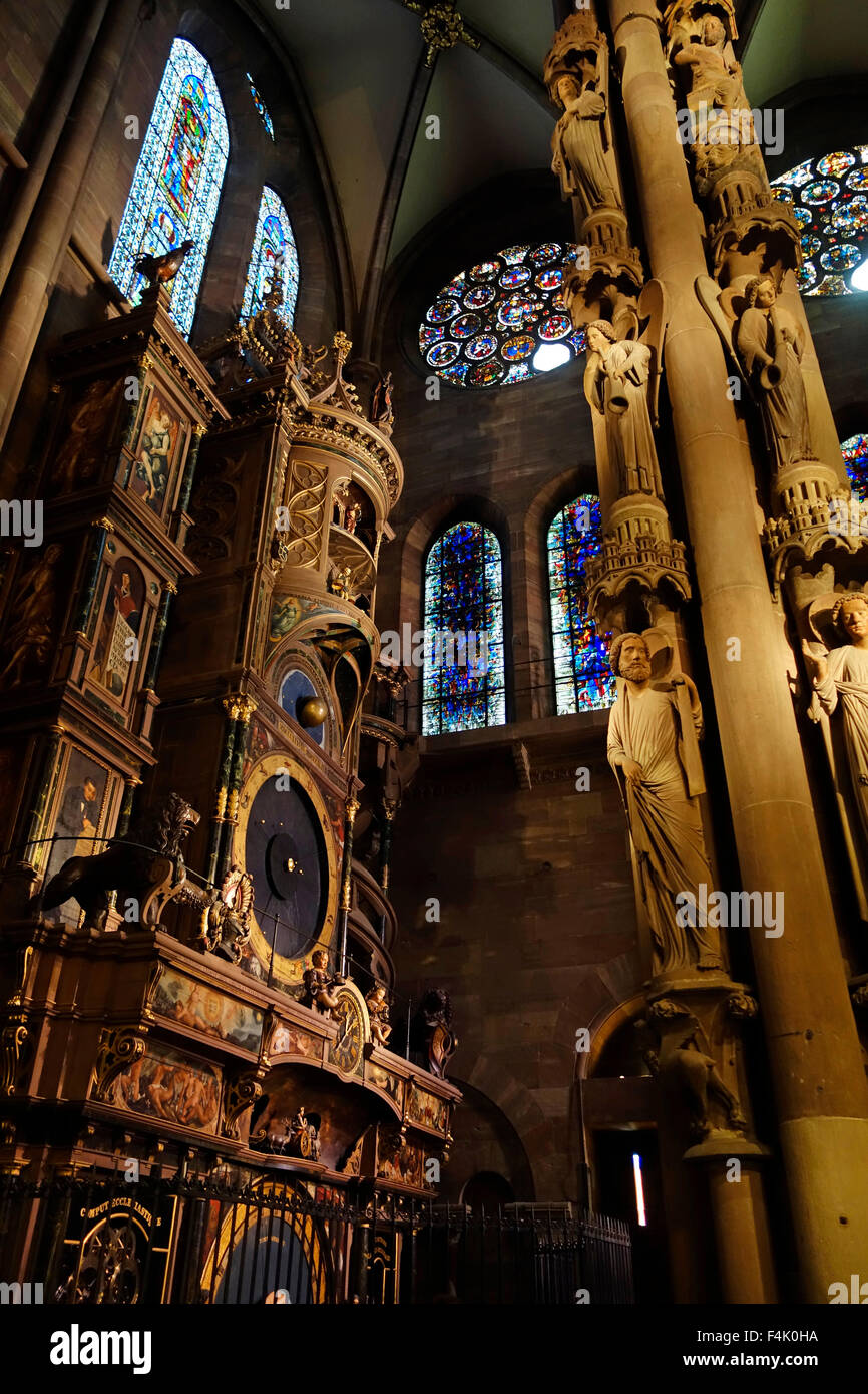Astronomical clock and pillar of angels in the Cathedral of Our Lady of Strasbourg / Cathédrale Notre-Dame de Strasbourg, France Stock Photo