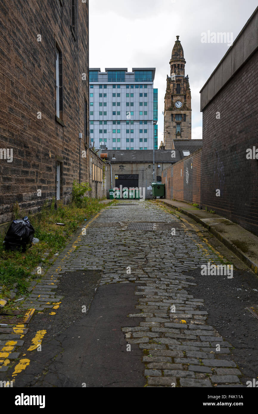 View looking along Douglas Lane towards St. Vincent Street Church, Glasgow city centre, Scotland, UK Stock Photo