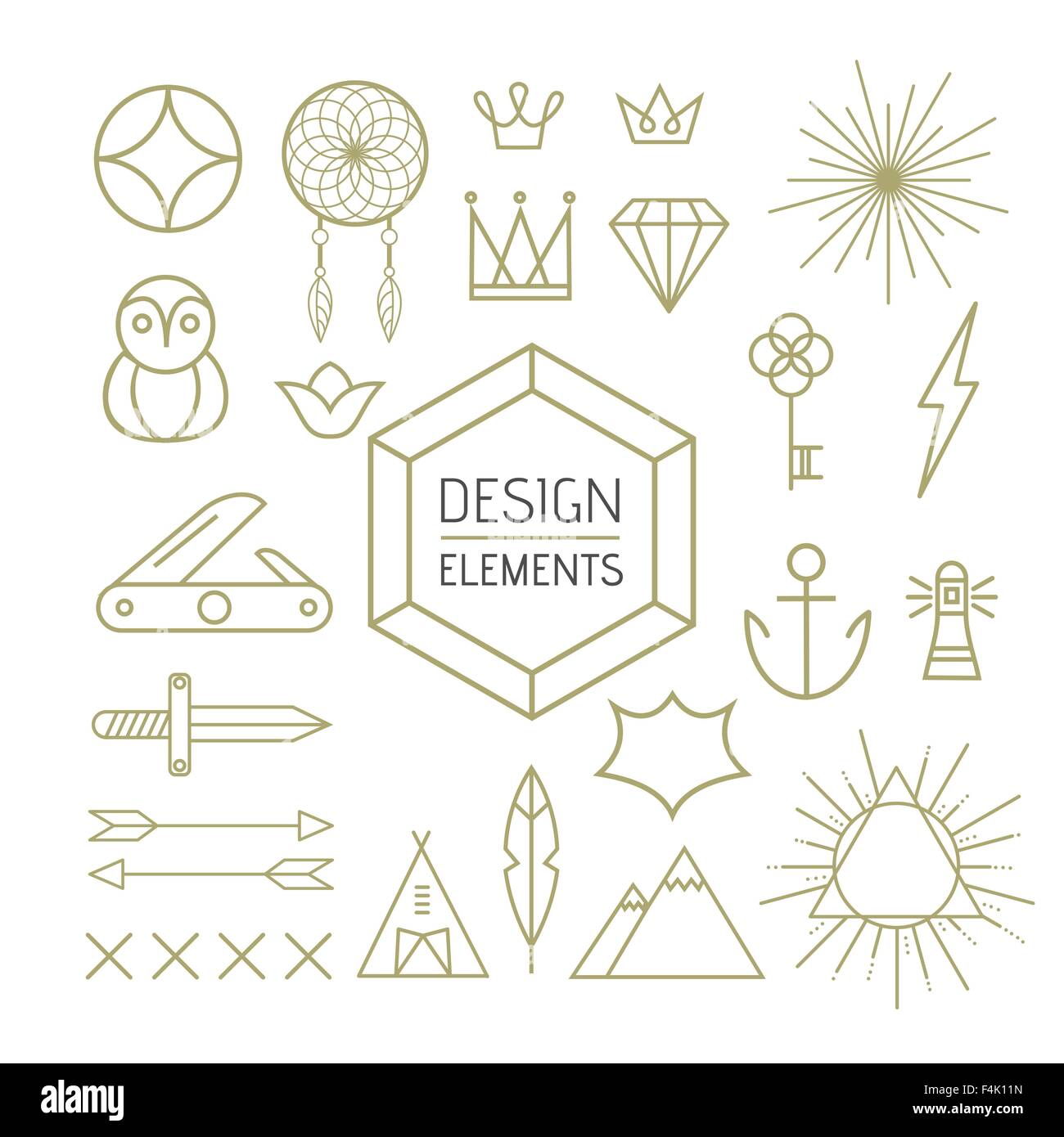 Design elements set in outline line art style. Includes boho, nature, and geometry shapes. EPS10 vector. Stock Vector