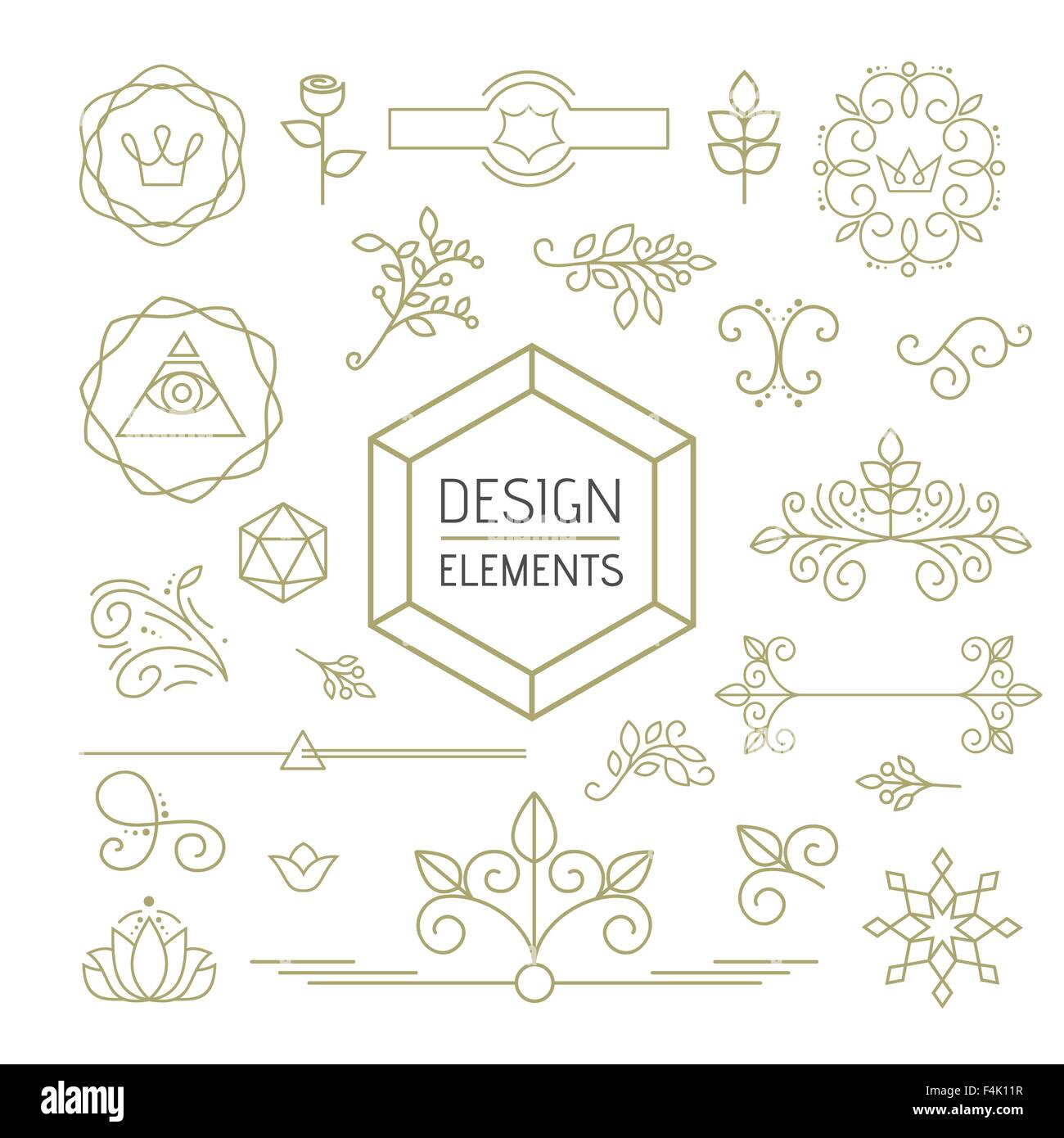 Design elements set mono line outline style, ornamental shapes. Includes nature decoration, flower, plants and leaves. EPS10 Stock Vector