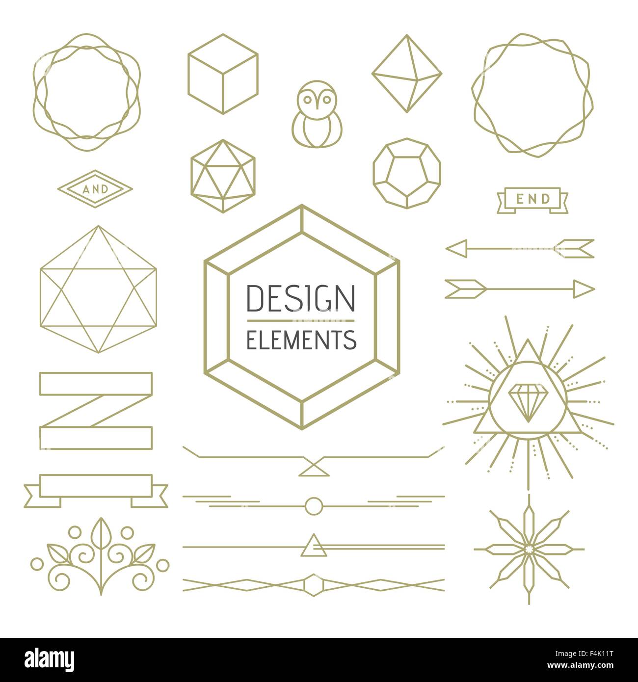 Design elements set mono line outline style. Includes geometry badges, lettering symbols, signs and icons. EPS10 vector. Stock Vector