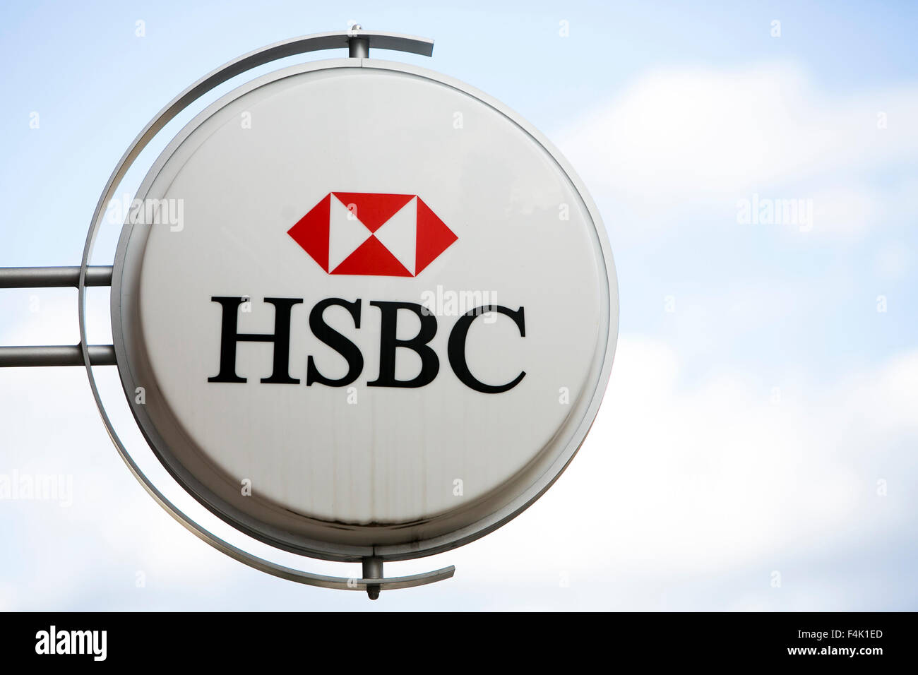 A logo sign outside of an HSBC Bank branch in Rockville, Maryland on October 18, 2015. Stock Photo