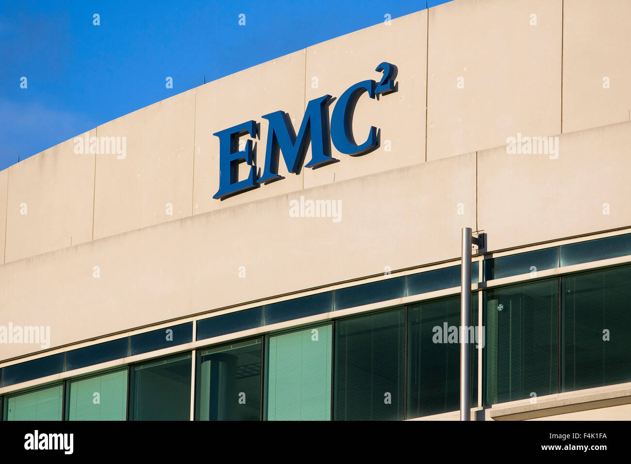 A logo sign outside of an office building occupied by EMC Corporation in Rockville, Maryland on October 18, 2015. Stock Photo